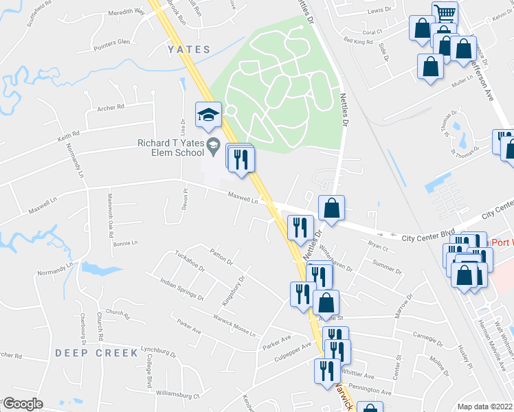 map of restaurants, bars, coffee shops, grocery stores, and more near 44 Maxwell Lane in Newport News