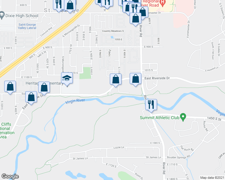 map of restaurants, bars, coffee shops, grocery stores, and more near 1036 East Riverside Drive in St. George