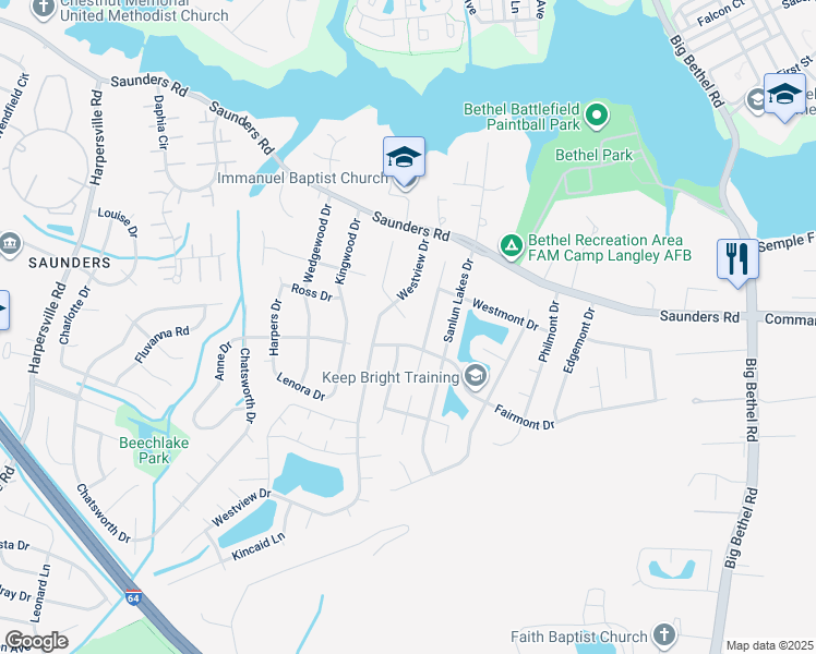 map of restaurants, bars, coffee shops, grocery stores, and more near 36 Phyllis Lane in Hampton