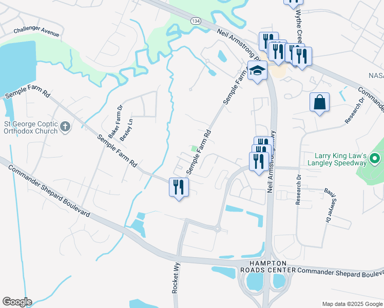 map of restaurants, bars, coffee shops, grocery stores, and more near 10 Frazier Court in Hampton