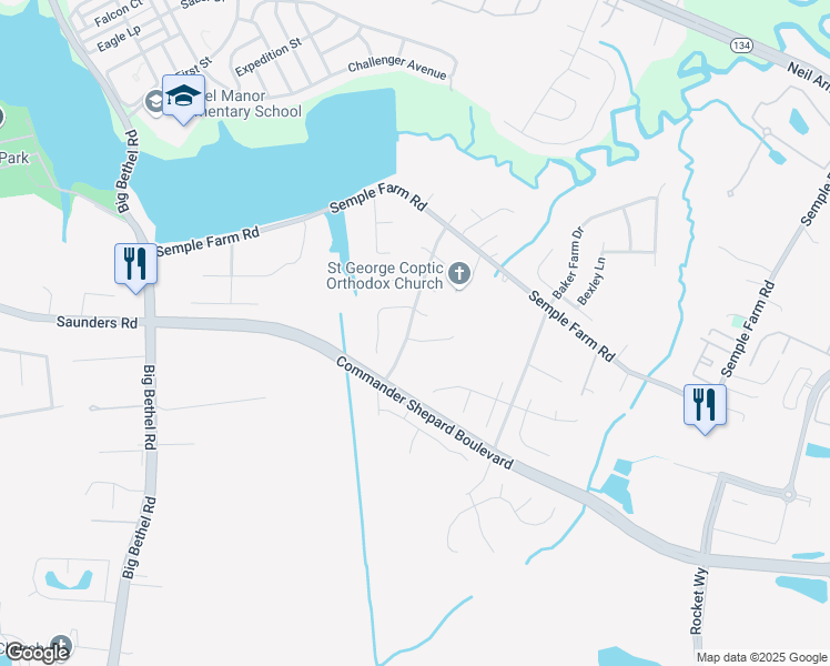 map of restaurants, bars, coffee shops, grocery stores, and more near 1 Appaloosa Court in Hampton