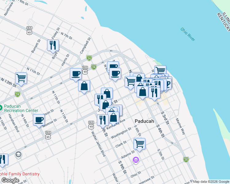 map of restaurants, bars, coffee shops, grocery stores, and more near 233 North 6th Street in Paducah