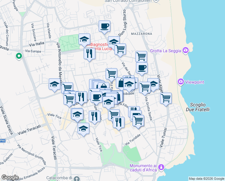 map of restaurants, bars, coffee shops, grocery stores, and more near 140 Via Filisto in Siracusa