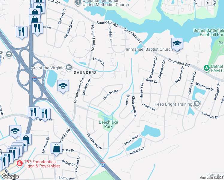 map of restaurants, bars, coffee shops, grocery stores, and more near 929 Fluvanna Road in Newport News