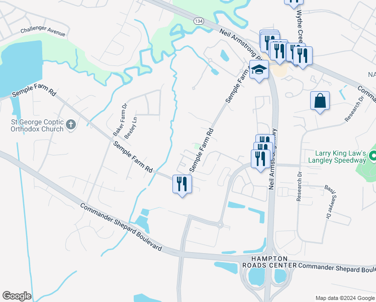 map of restaurants, bars, coffee shops, grocery stores, and more near Frazier Court in Hampton