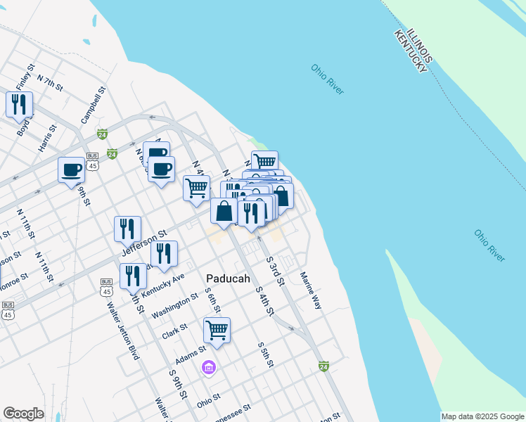 map of restaurants, bars, coffee shops, grocery stores, and more near 206 Broadway Street in Paducah