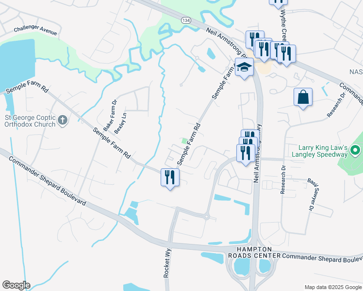 map of restaurants, bars, coffee shops, grocery stores, and more near 10 Frazier Court in Hampton
