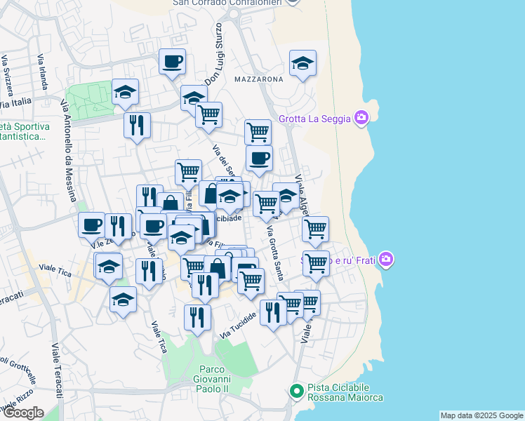 map of restaurants, bars, coffee shops, grocery stores, and more near 159 Via Grotta Santa in Siracusa