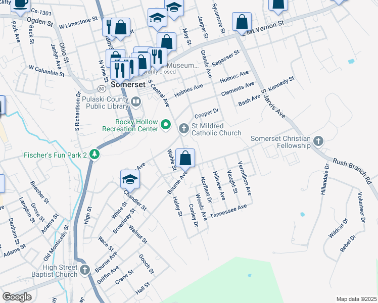 map of restaurants, bars, coffee shops, grocery stores, and more near 216 Burke Drive in Somerset