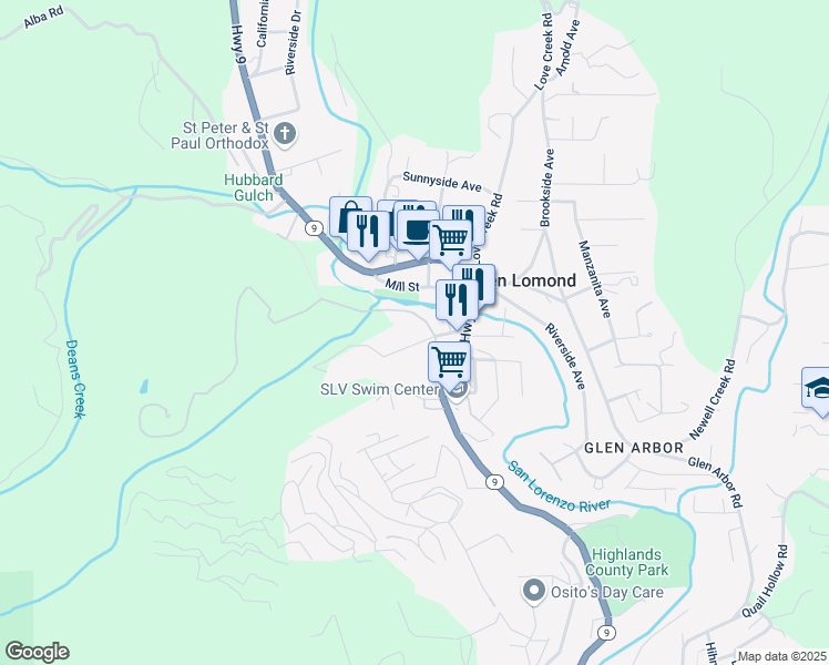 map of restaurants, bars, coffee shops, grocery stores, and more near 102 Hillside Avenue in Ben Lomond