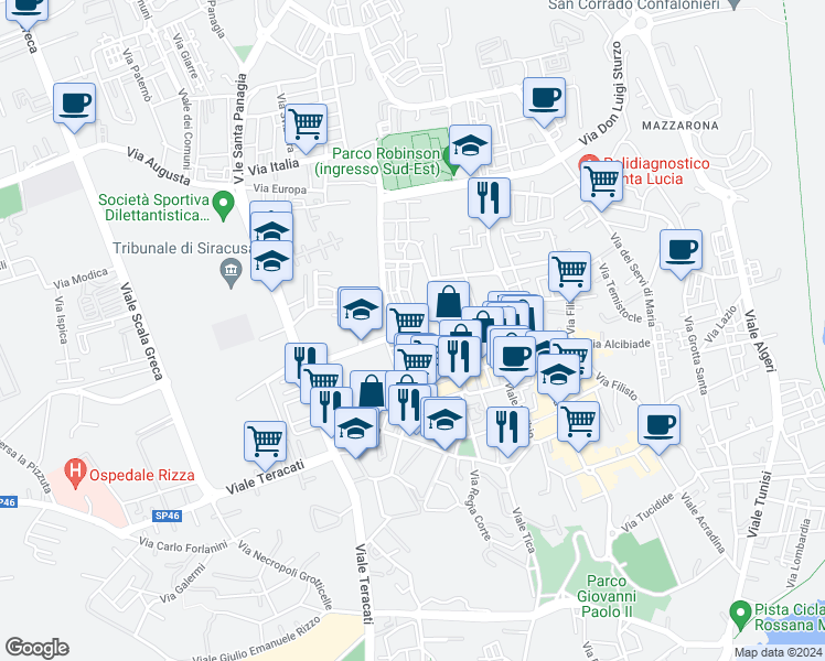 map of restaurants, bars, coffee shops, grocery stores, and more near 48 Via Andrea Palma in Siracusa