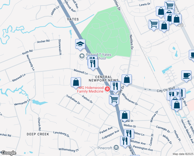 map of restaurants, bars, coffee shops, grocery stores, and more near 46 Maxwell Lane in Newport News