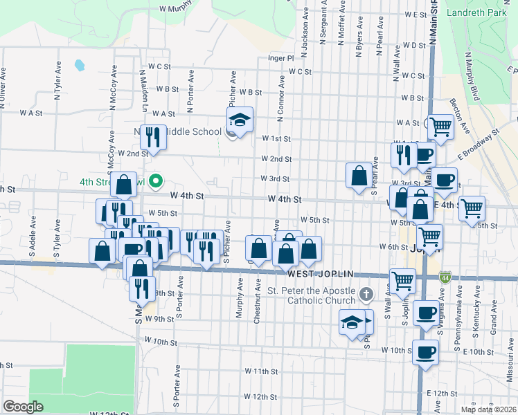map of restaurants, bars, coffee shops, grocery stores, and more near 409 Gray Avenue in Joplin