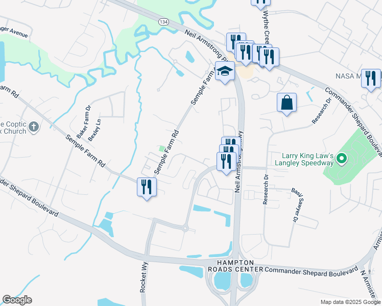 map of restaurants, bars, coffee shops, grocery stores, and more near 46 Corwin Circle in Hampton
