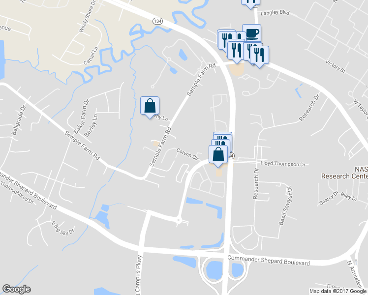 map of restaurants, bars, coffee shops, grocery stores, and more near 46 Corwin Circle in Hampton
