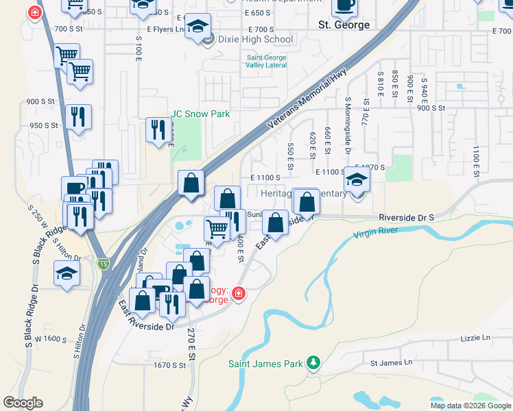map of restaurants, bars, coffee shops, grocery stores, and more near 441 Sunland Drive in St. George