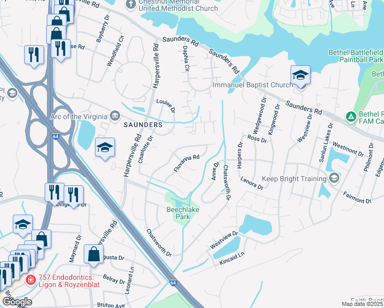 map of restaurants, bars, coffee shops, grocery stores, and more near 929 Fluvanna Road in Newport News