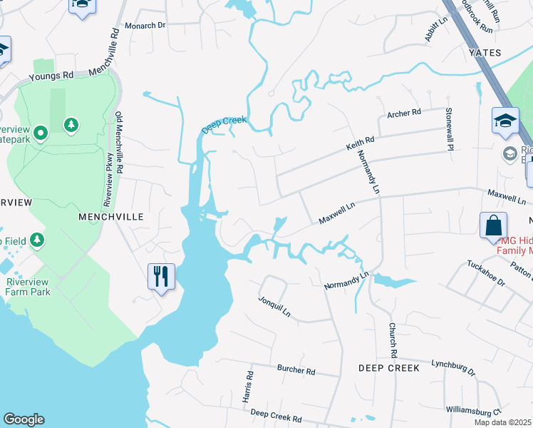 map of restaurants, bars, coffee shops, grocery stores, and more near 302 Milstead Road in Newport News