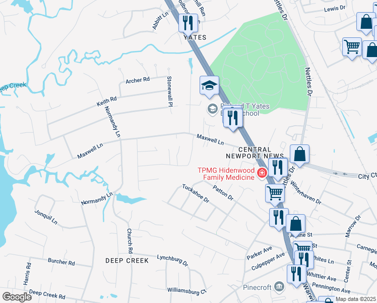 map of restaurants, bars, coffee shops, grocery stores, and more near 192 Devon Pl in Newport News