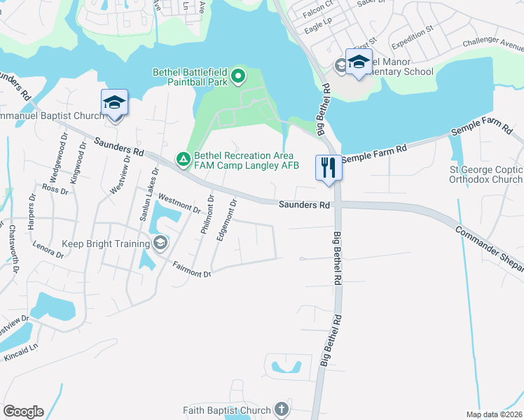 map of restaurants, bars, coffee shops, grocery stores, and more near 154 Saunders Road in Hampton