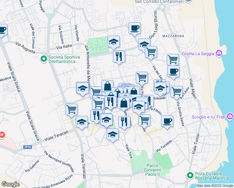 map of restaurants, bars, coffee shops, grocery stores, and more near 43 Via Pietro Novelli in Syracuse