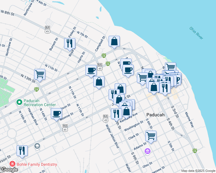 map of restaurants, bars, coffee shops, grocery stores, and more near 814 Madison Street in Paducah