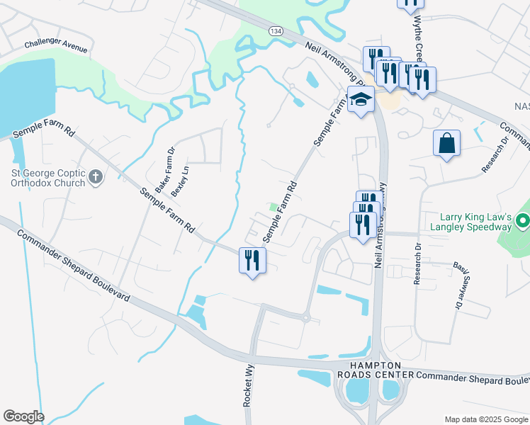 map of restaurants, bars, coffee shops, grocery stores, and more near Frazier Court in Hampton