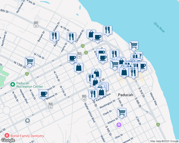 map of restaurants, bars, coffee shops, grocery stores, and more near 814 Madison Street in Paducah