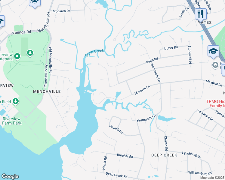 map of restaurants, bars, coffee shops, grocery stores, and more near 302 Milstead Road in Newport News