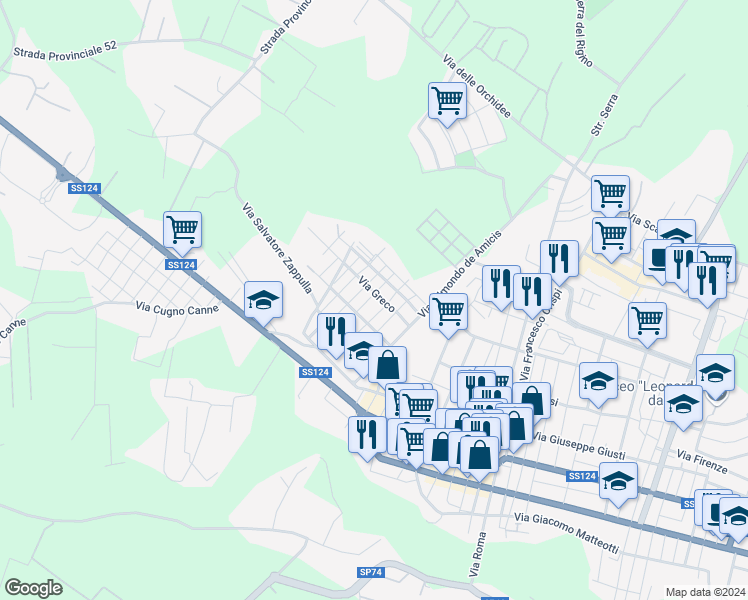 map of restaurants, bars, coffee shops, grocery stores, and more near 60 Via Giosuè Carducci in Floridia