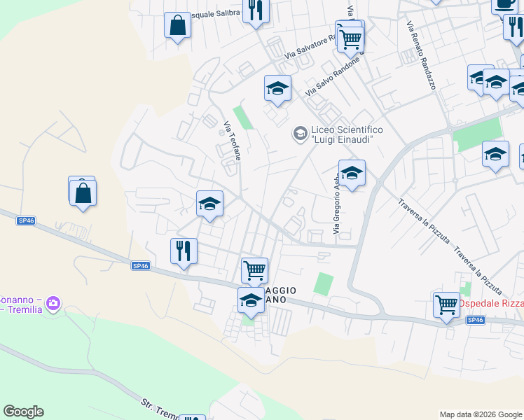 map of restaurants, bars, coffee shops, grocery stores, and more near 32 Via Monte Renna in Siracusa