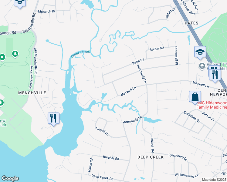 map of restaurants, bars, coffee shops, grocery stores, and more near 205 Longstreet Rd in Newport News