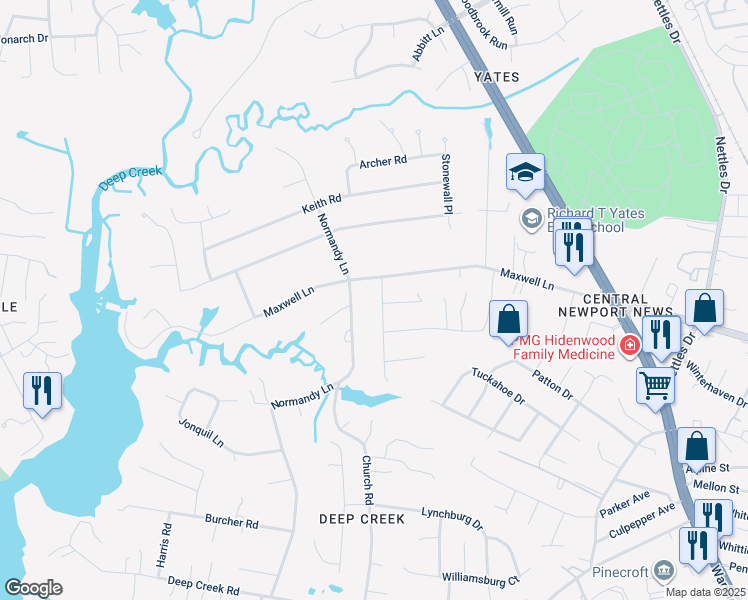 map of restaurants, bars, coffee shops, grocery stores, and more near 6 Mammoth Oak Road in Newport News