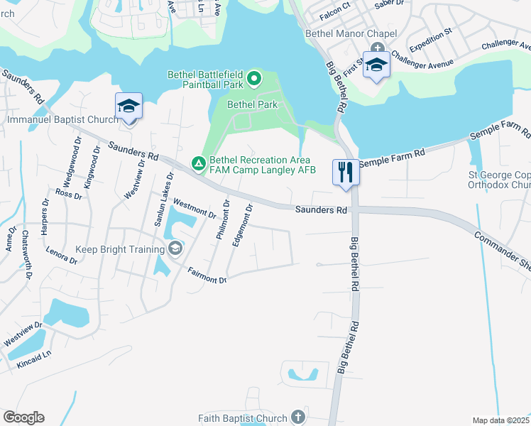 map of restaurants, bars, coffee shops, grocery stores, and more near 152 Saunders Road in Hampton