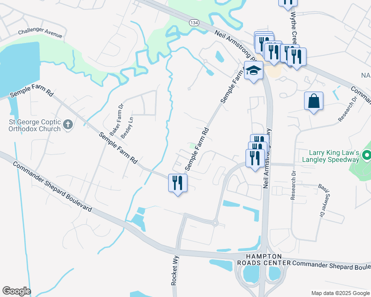 map of restaurants, bars, coffee shops, grocery stores, and more near 24 Frazier Court in Hampton