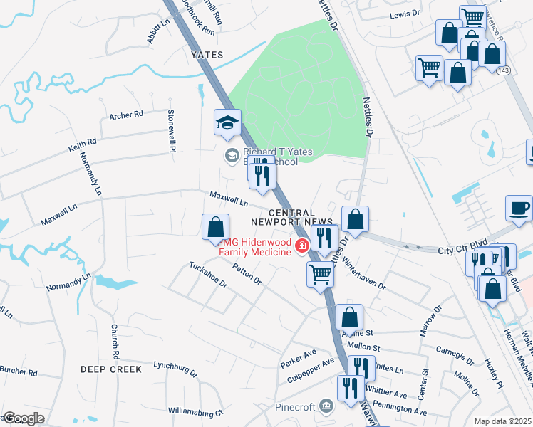 map of restaurants, bars, coffee shops, grocery stores, and more near 46 Maxwell Lane in Newport News