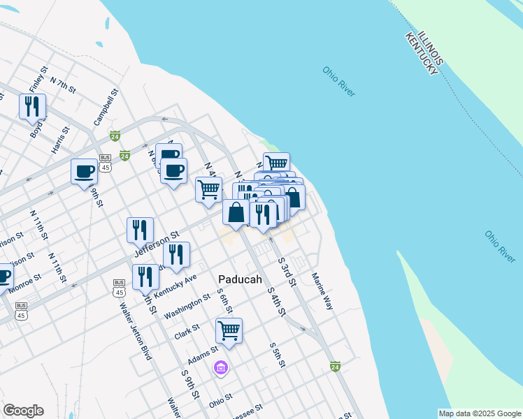 map of restaurants, bars, coffee shops, grocery stores, and more near 206 Broadway Street in Paducah