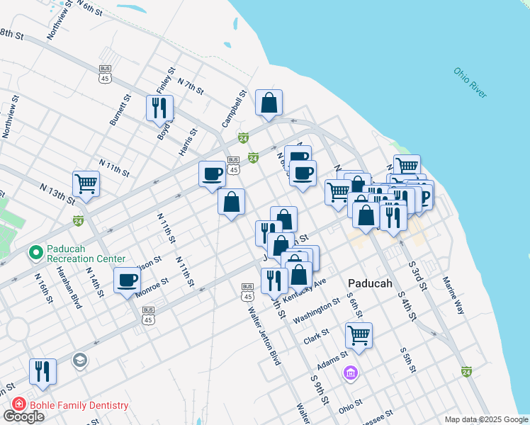 map of restaurants, bars, coffee shops, grocery stores, and more near 814 Madison Street in Paducah