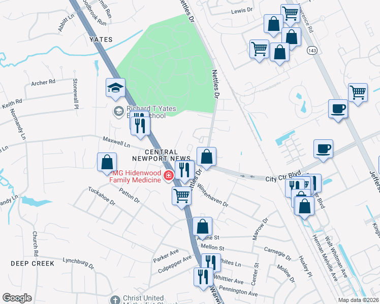 map of restaurants, bars, coffee shops, grocery stores, and more near 12707 Mariners Court in Newport News