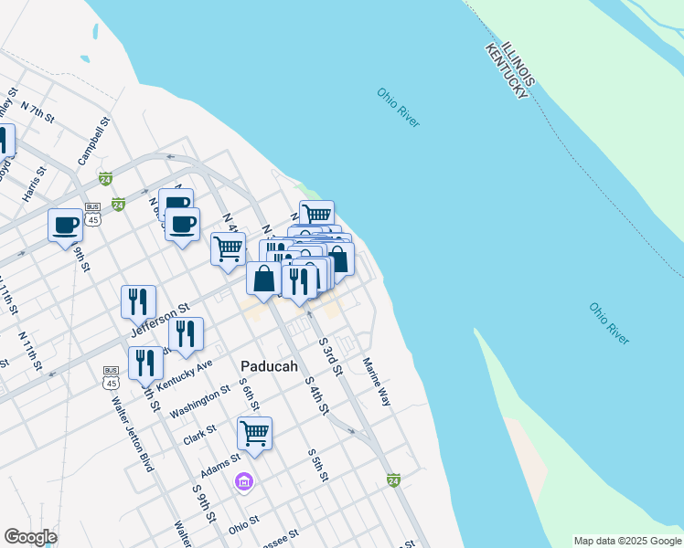 map of restaurants, bars, coffee shops, grocery stores, and more near 112 Maiden Alley in Paducah