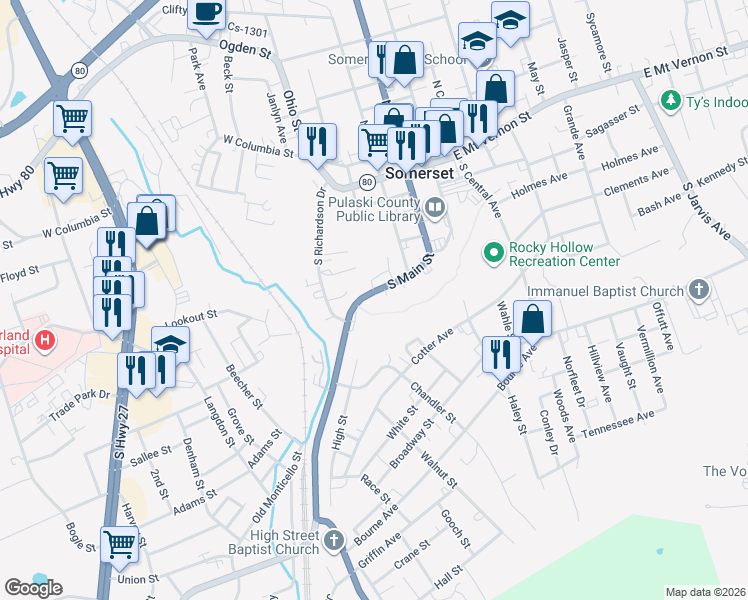 map of restaurants, bars, coffee shops, grocery stores, and more near 308-366 South Main Street in Somerset