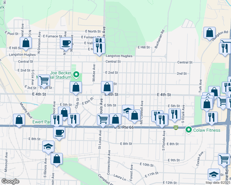 map of restaurants, bars, coffee shops, grocery stores, and more near 1911 East 4th Street in Joplin