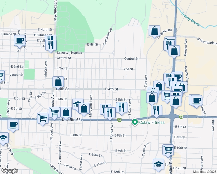 map of restaurants, bars, coffee shops, grocery stores, and more near 2501 East 4th Street in Joplin