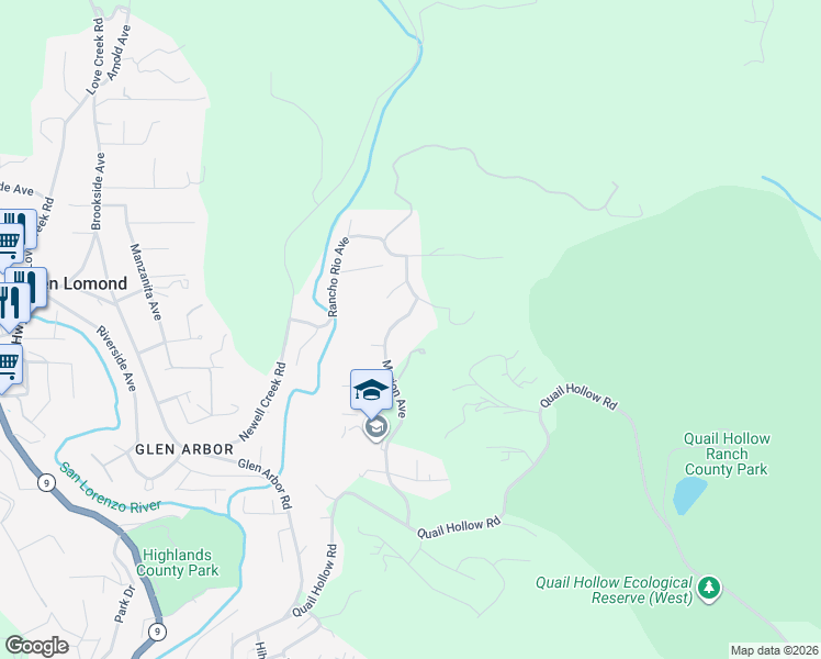map of restaurants, bars, coffee shops, grocery stores, and more near 613 Marion Avenue in Ben Lomond