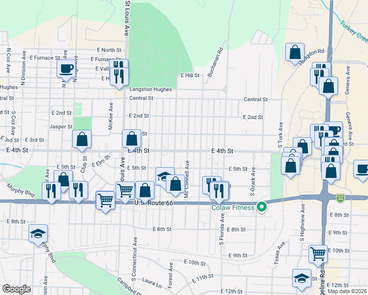 map of restaurants, bars, coffee shops, grocery stores, and more near 2201-2299 E 4th St in Joplin