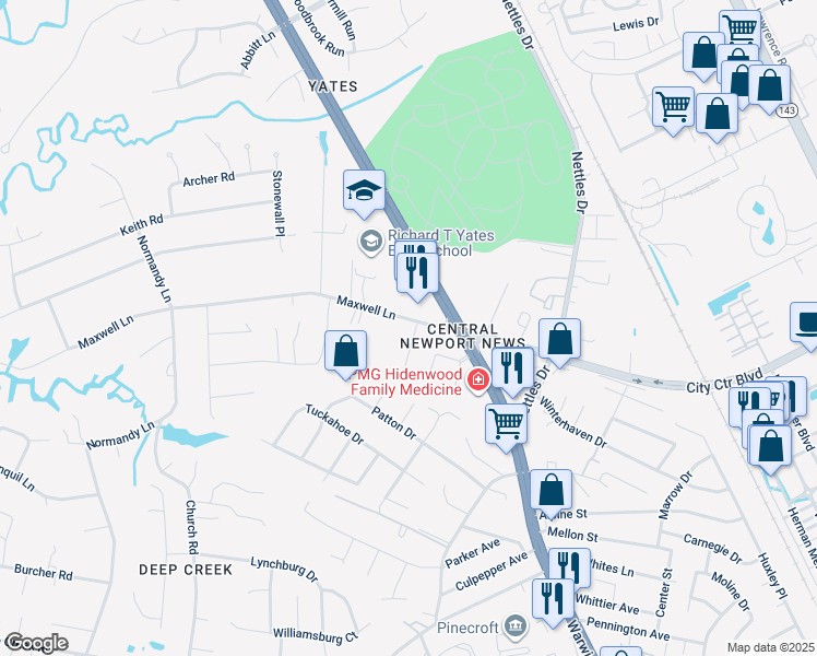 map of restaurants, bars, coffee shops, grocery stores, and more near 2 Quillen Terrace in Newport News