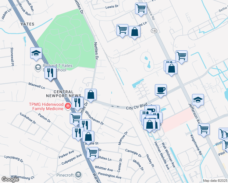 map of restaurants, bars, coffee shops, grocery stores, and more near 401 City Center Boulevard in Newport News
