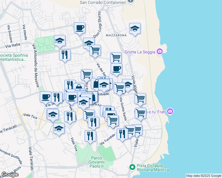 map of restaurants, bars, coffee shops, grocery stores, and more near Ronco VII A Via dei Servi di Maria in Siracusa