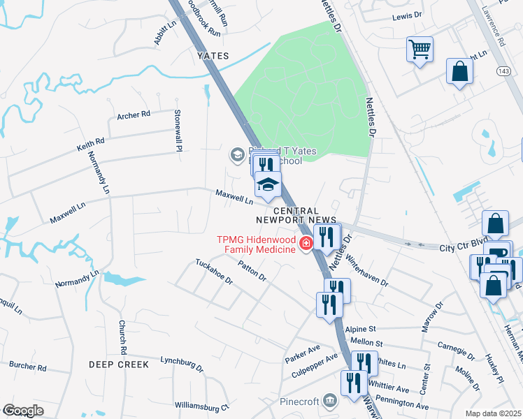 map of restaurants, bars, coffee shops, grocery stores, and more near 2 Quillen Terrace in Newport News