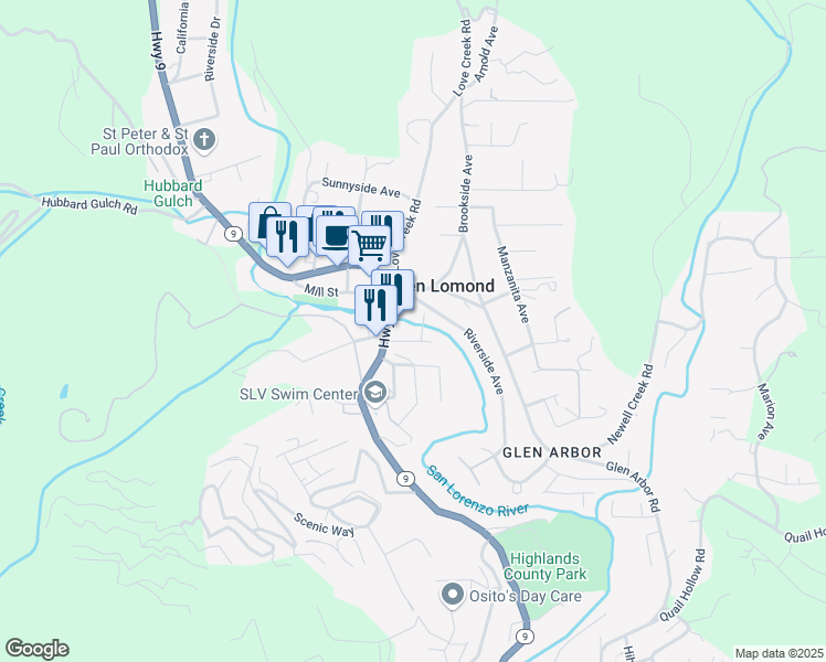 map of restaurants, bars, coffee shops, grocery stores, and more near 9280 Highway 9 in Ben Lomond